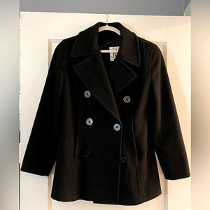 Jones New York Black Pea Coat 100% Wool Lined Double Breasted Size Small